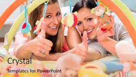  Presentation with moms - Amazing PPT theme having neonatal - soon-to-be moms testing baby toys backdrop and a coral colored foreground