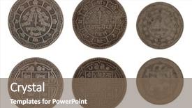  Presentation with stacks of rupee coins - PPT theme featuring senior wearing virtual reality goggles background and a coral colored foreground