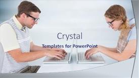  Presentation with wood panel - Colorful presentation design enhanced with nerd couple at laptops against blurry blue wood panel backdrop and a sky blue colored foreground