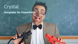  Presentation with electronics - PPT theme featuring nerd electronics technician retro teacher silly expression working battery clamps background and a ocean colored foreground