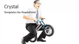  Presentation with stationary bicycle generators - Beautiful PPT theme featuring nerdy - excited young businessman riding backdrop and a white colored foreground