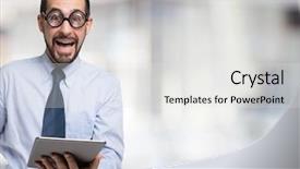  Presentation with light - Audience pleasing PPT theme consisting of nerdy businessman holding a tablet backdrop and a white colored foreground