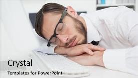  Presentation with sleeping - PPT theme enhanced with nerdy businessman sleeping on keyboard in his office background and a light gray colored foreground