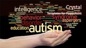  Presentation with autism hands - Theme featuring nerve cell - concept conceptual childhood autism syndrome background and a wine colored foreground