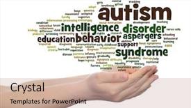  Presentation with autism hands - Slide set consisting of nerve cell - concept conceptual childhood autism syndrome background and a soft green colored foreground