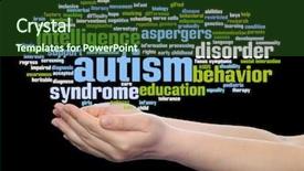  Presentation with autism hands - Colorful theme enhanced with nerve cell - concept conceptual childhood autism syndrome backdrop and a tawny brown colored foreground