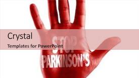  Presentation with stop - Colorful PPT theme enhanced with nerve cell - stop parkinson's written on hand backdrop and a coral colored foreground