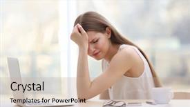  Presentation with headache - Slide set having nerveuse - beautiful young woman suffering background and a coral colored foreground