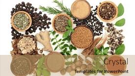  Presentation with health system - Presentation design enhanced with nervine-food-ingredients-with-herbs background and a coral colored foreground