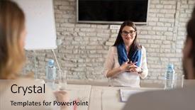  Presentation with 30 60 90 job interview - Cool new PPT theme with nervous woman talking with commission backdrop and a mint green colored foreground