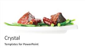  Presentation with green plate - Presentation theme featuring net beans - served grilled beef veal fillet background and a  colored foreground