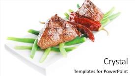  Presentation with green plate - Colorful presentation theme enhanced with net beans - served grilled beef veal fillet backdrop and a white colored foreground