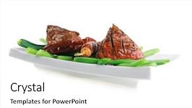  Presentation with white plate - Theme consisting of net beans - served grilled beef veal fillet background and a  colored foreground