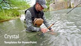  Presentation with trout - Beautiful presentation featuring net fishing - fly-fisherman holding fario trout caught backdrop and a gray colored foreground