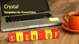  Presentation with cube - Colorful theme enhanced with net promoter - sign up written backdrop and a tawny brown colored foreground