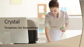  Presentation with dust - Colorful PPT theme enhanced with nettoyage - beautiful young charwoman wiping dust backdrop and a coral colored foreground