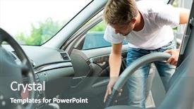  Presentation with car cleaning - Beautiful PPT theme featuring nettoyage - man is hoovering or cleaning backdrop and a gray colored foreground