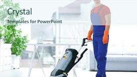  Presentation with office cleaning - Slide set consisting of nettoyage - young janitor with washing machine background and a sky blue colored foreground