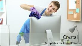  Presentation with monitor computer - PPT theme with nettoyage - young man cleaning computer monitor background and a light gray colored foreground