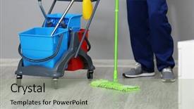  Presentation with office ergonomics man worker exercising - Slides having nettoyage - young man moping floor background and a mint green colored foreground