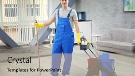  Presentation with cleaning - Audience pleasing slides consisting of nettoyage - young man with mop cleaning backdrop and a  colored foreground