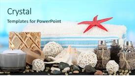 Presentation with spa for seniors - Amazing slide deck having netural oil - spa composition mat on sea backdrop and a  colored foreground