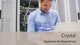  Presentation with data center - Slide deck consisting of network - man using laptop to check background and a light gray colored foreground