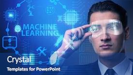  Presentation with machine learning - Slides enhanced with network algorithm - businessman with futuristic glasses background and a ocean colored foreground