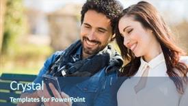  Presentation with mobile network - Cool new PPT theme with network configuration - smiling man showing his mobile backdrop and a ocean colored foreground