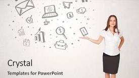  Presentation with cloud - PPT theme featuring network design - young business woman presenting hand background and a sky blue colored foreground