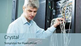  Presentation with server administrator - Slide set consisting of network engineer administrator in server background and a light blue colored foreground