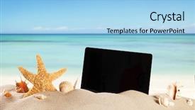  Presentation with accessories - Audience pleasing presentation design consisting of network frame - concept with summer beach tablet backdrop and a light blue colored foreground