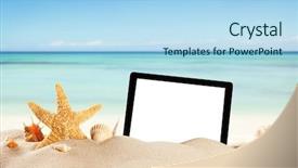  Presentation with summer at the beach - Slide set having network frame - concept with summer beach tablet background and a light blue colored foreground