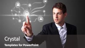  Presentation with social justice inclusion - PPT layouts having network icon - businessman pressing modern social buttons background and a dark gray colored foreground