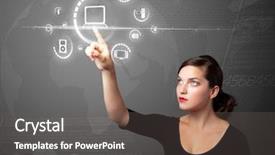  Presentation with multimedia - Amazing theme having network icon - businesswoman pressing multimedia type backdrop and a dark gray colored foreground