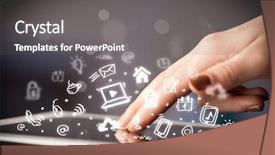  Presentation with social media network - Cool new PPT layouts with network icon - hand touching tablet pc social backdrop and a gray colored foreground