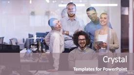  Presentation with animated business people - Slides enhanced with network leadership - portrait of successful business people background and a gray colored foreground