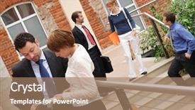  Presentation with business casual - PPT theme having network marketing team building - angled shot of five people background and a coral colored foreground