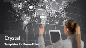  Presentation with elegant business social media - PPT theme enhanced with network marketing women - business woman with tablet touching background and a  colored foreground