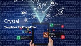  Presentation with data processing - Presentation design enhanced with network-of-digital-icons-over background and a ocean colored foreground