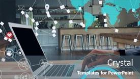  Presentation with global laptop - Cool new PPT layouts with network-of-digital-icons backdrop and a ocean colored foreground