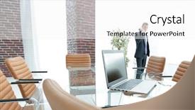  Presentation with conference table - Slide deck with network operation center - opened notebook on the table background and a  colored foreground