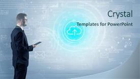  Presentation with existing data review for sped - Audience pleasing PPT theme consisting of network operation center - standing businessman with data backdrop and a  colored foreground