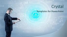  Presentation with data - Cool new slides with network operation center - standing businessman with data backdrop and a  colored foreground