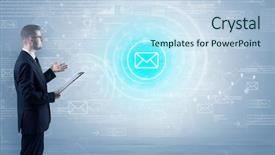  Presentation with cutout paper people standing around globe holding hands - Presentation design featuring network operation center - standing businessman with data background and a  colored foreground