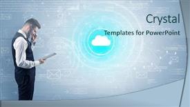  Presentation with cutout paper people standing around globe holding hands - Audience pleasing presentation design consisting of network operation center - standing businessman with data backdrop and a  colored foreground