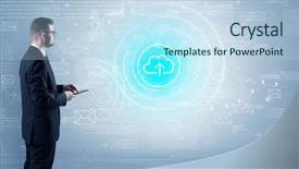  Presentation with data - PPT theme featuring network operation center - standing businessman with data background and a  colored foreground