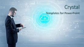  Presentation with data - Slide deck consisting of network operation center - standing businessman with data background and a  colored foreground
