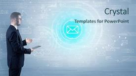  Presentation with data - Cool new slide deck with network operation center - standing businessman with data backdrop and a  colored foreground