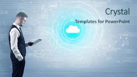  Presentation with data - Audience pleasing PPT layouts consisting of network operation center - standing businessman with data backdrop and a  colored foreground